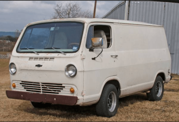 White 1966 Chevy Van similar to my Dads, and my first vehicle when I turned 16.