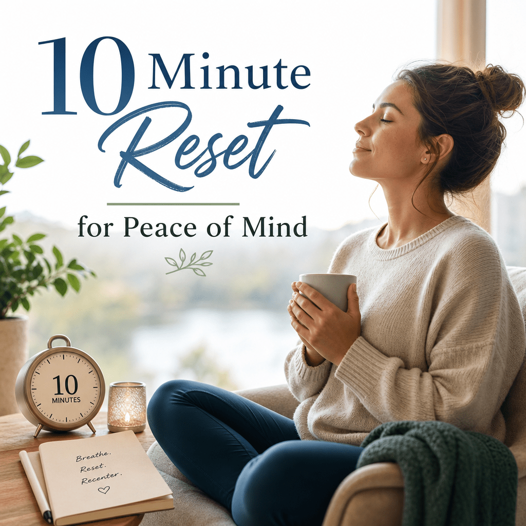Woman meditating calmly with closed eyes, practicing a 10-minute reset for peace of mind.