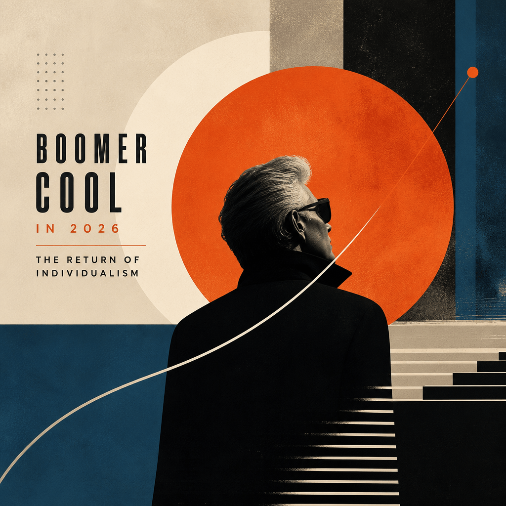 Stylish older man in sunglasses in a modern abstract design promoting “Boomer Cool in 2026” and individualism