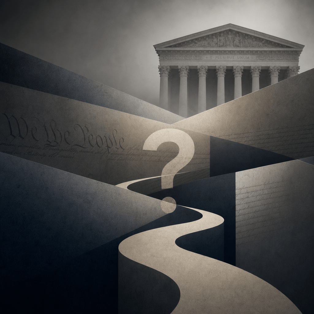 constitutional Ambiguity: Stunning Best Court Failure 2 Abstract winding path leading to the Supreme Court with constitutional symbols and a question mark