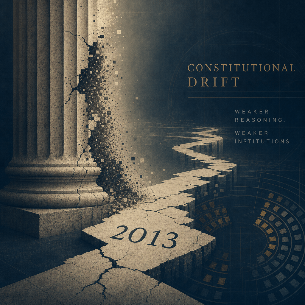 Constitutional Drift: How 2013 Weakened Senate Reasoning 7 Cracked pillar with a 2013 fissure symbolizing constitutional drift and weakening institutions