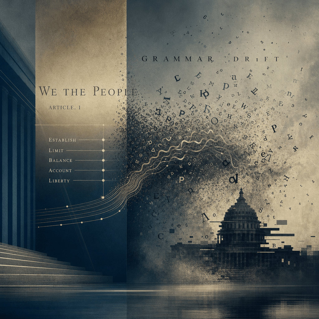Constitutional Grammar Drift: How Misinterpretation Eroded the Republic 4 Abstract art of the U.S. Constitution preamble with the Capitol and scattered letters symbolizing grammar and politics