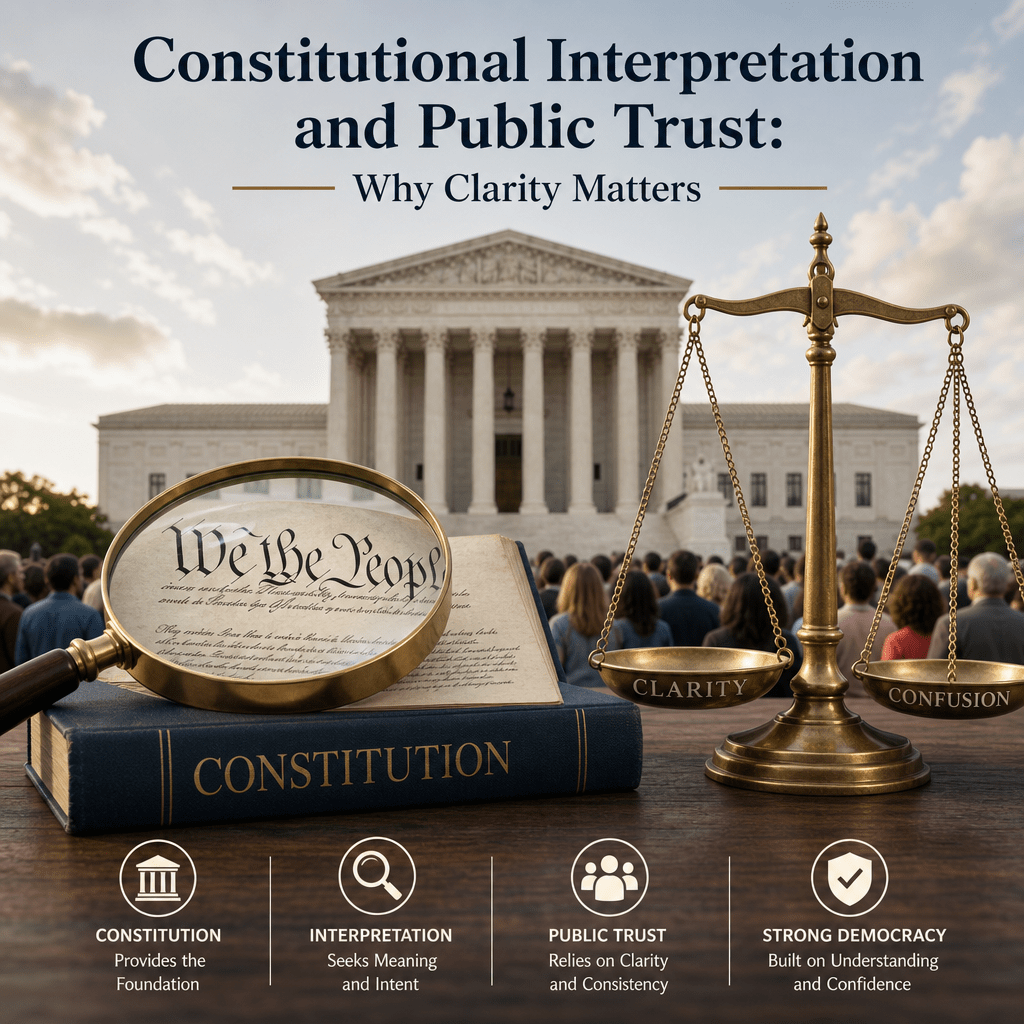 U.S. Constitution beside the Supreme Court and justice scales, symbolizing constitutional interpretation and public trust