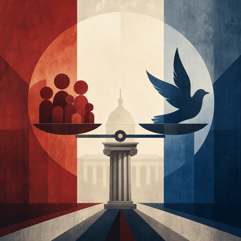Illustration of justice scales balancing people and a dove in front of a government building.