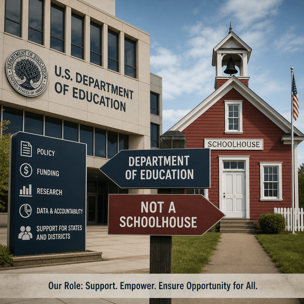 U.S. Department of Education building with signs saying it is not a schoolhouse and outlining its policy and funding roles