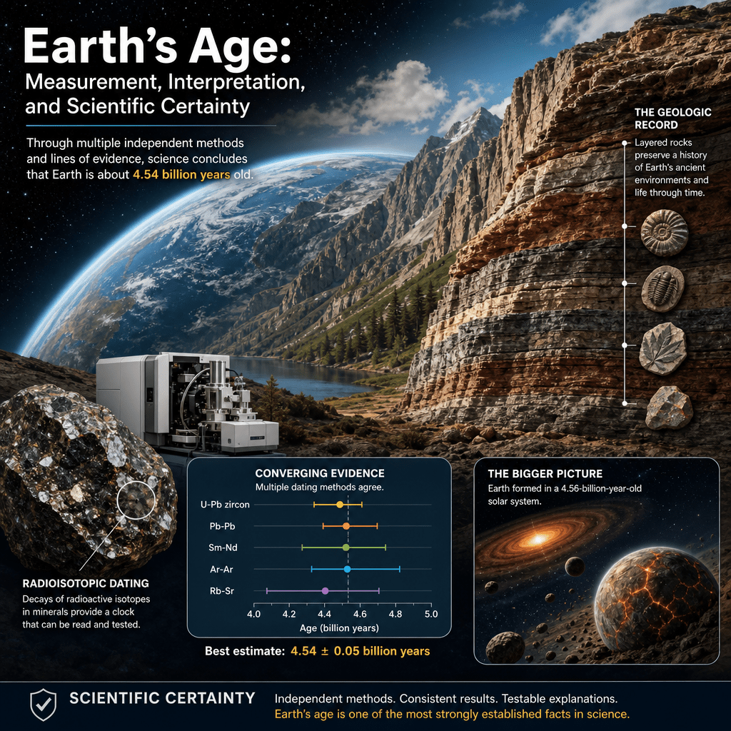Infographic on Earth's age, showing dating methods, geological evidence, and scientific certainty.