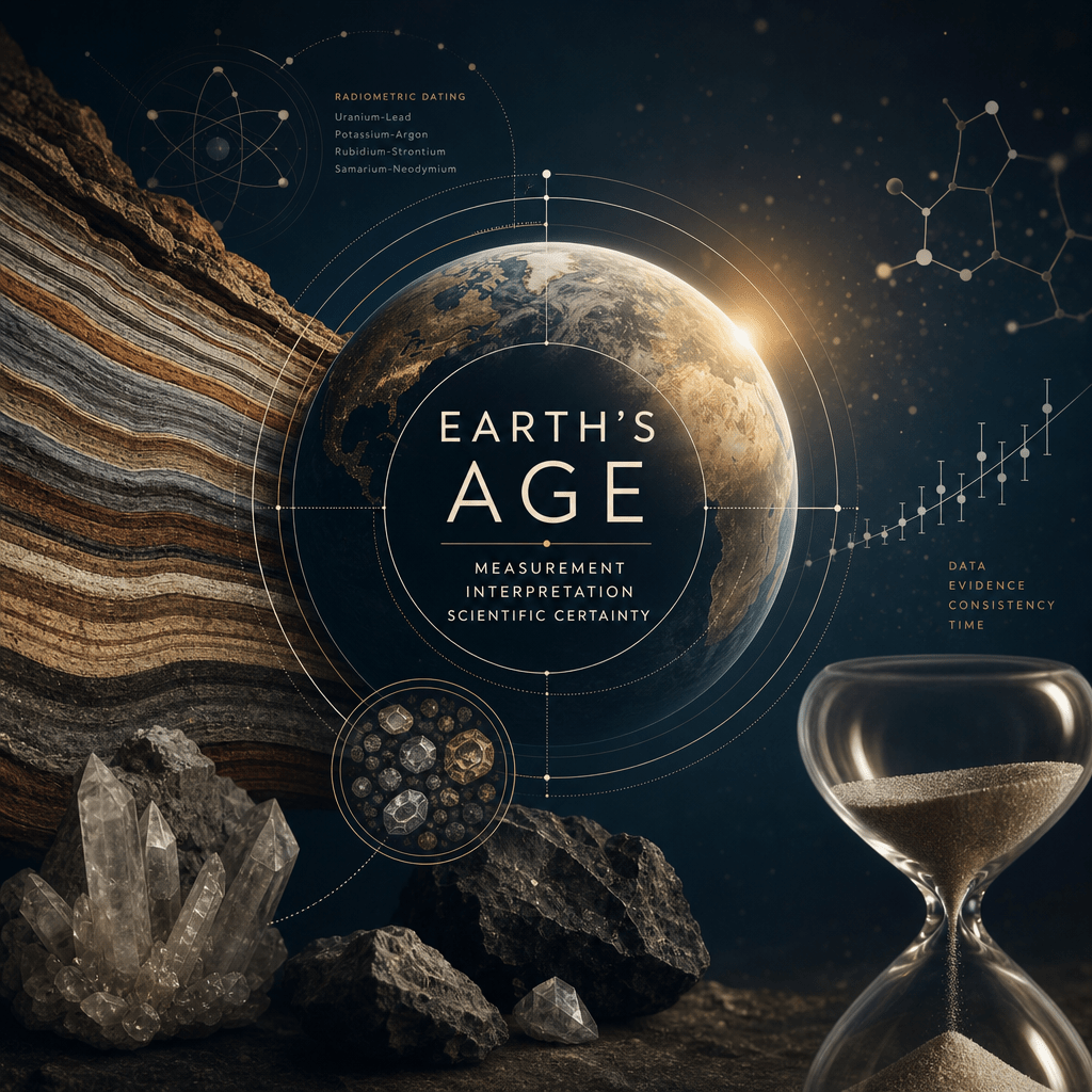 Illustration of Earth's age science with layered rock, crystals, an hourglass, and data charts