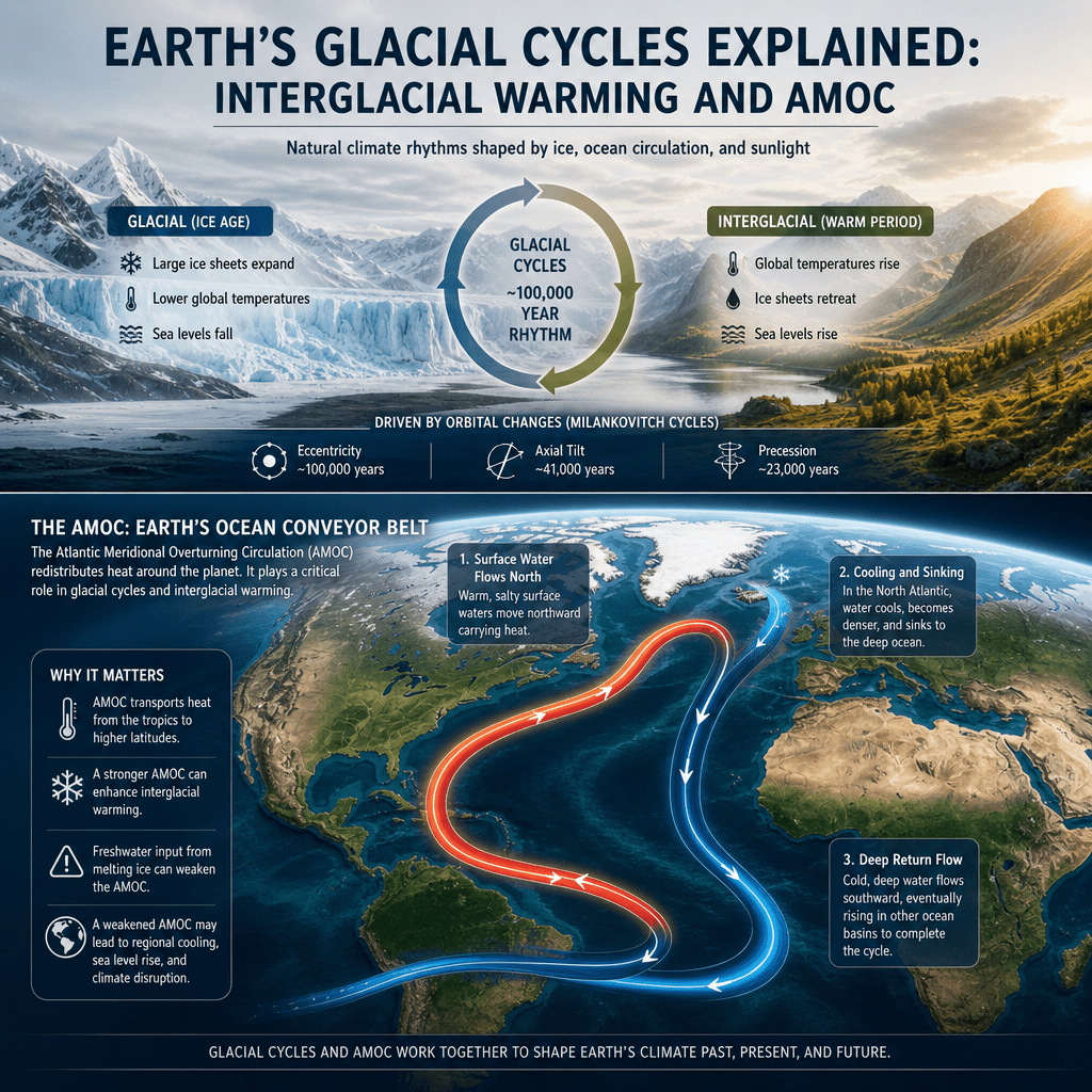 Infographic showing Earth's glacial cycles, interglacial warming, and AMOC circulation changes