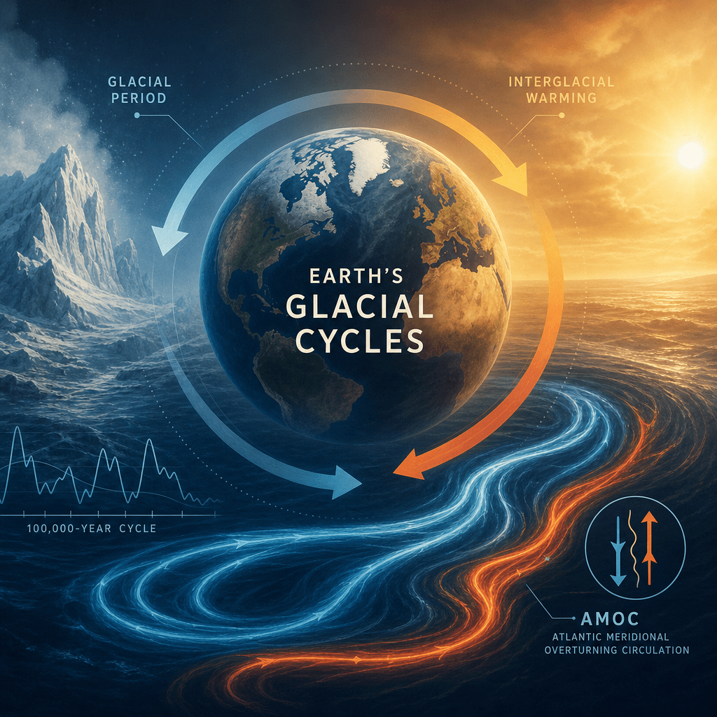 Illustration of Earth’s glacial cycles showing glacial periods and interglacial warming transitions
