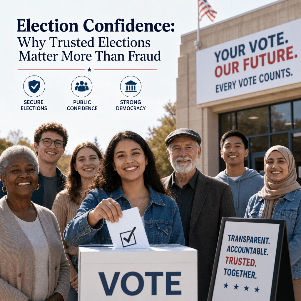 Election Confidence: Why Trusted Elections Matter More Than Fraud 2 Diverse voters casting ballots in a secure election, showing confidence in democracy