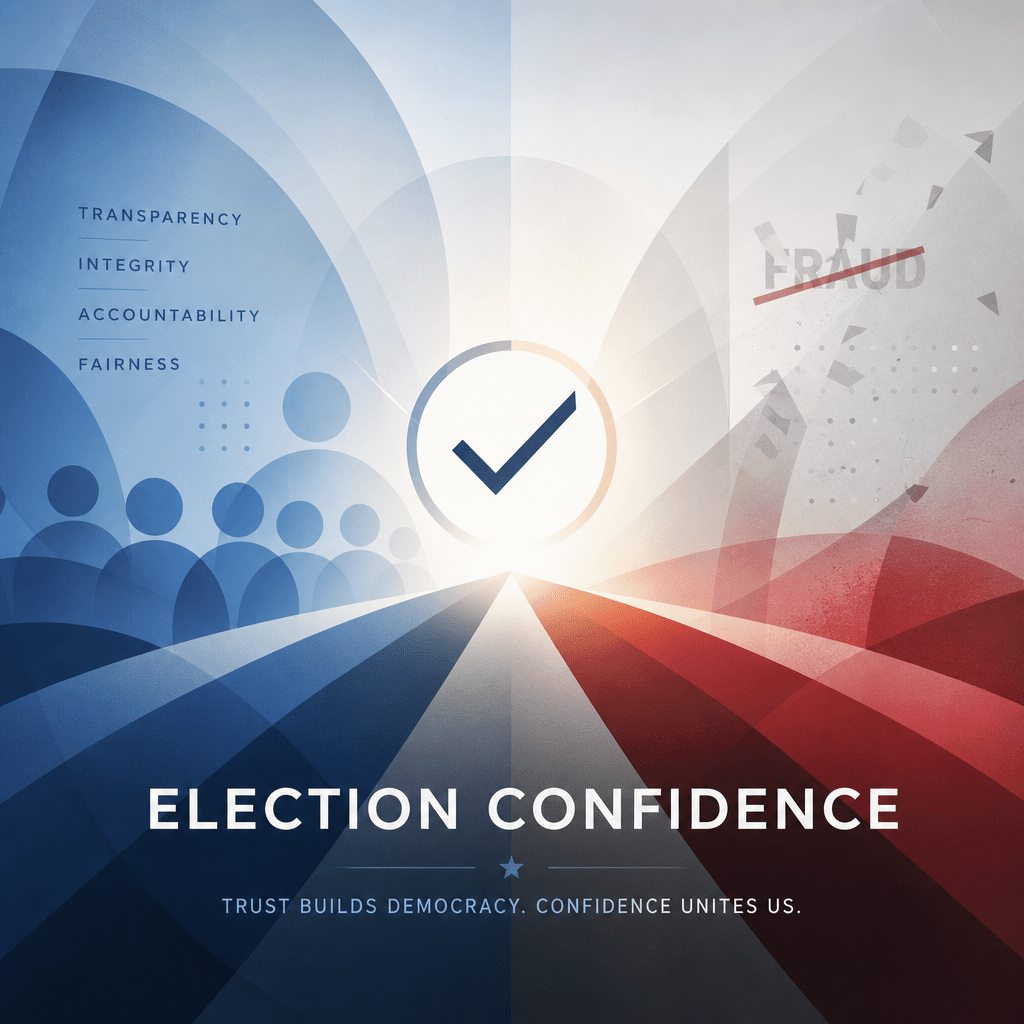 Election Confidence: Why Trusted Elections Matter More Than Fraud 3 Illustration of a transparent ballot box with icons for fairness, accountability, and election integrity.