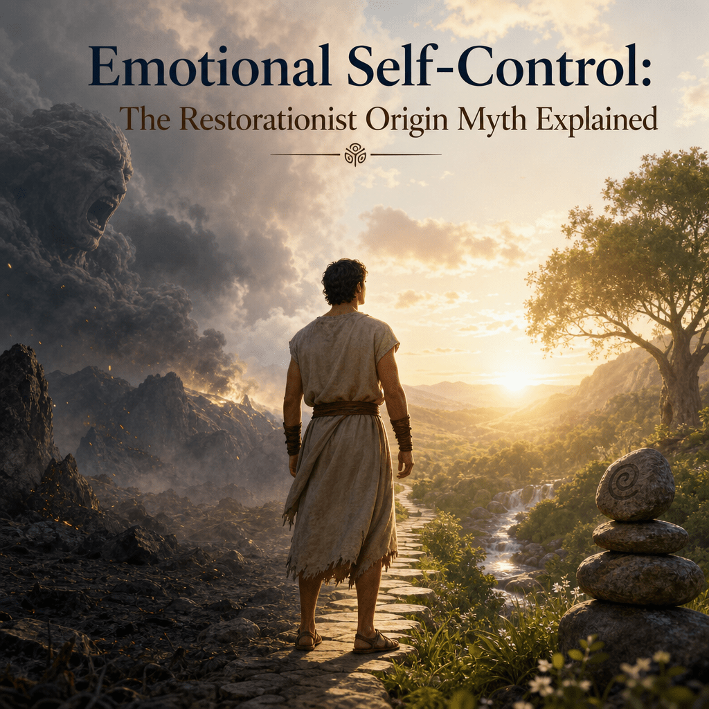 7 Powerful Steps to Achieving Emotional Self-Control: The Restorationist Origin Myth Explained 2 Man standing between a fiery volcano and a peaceful sunrise valley, symbolizing emotional self-control and restoration