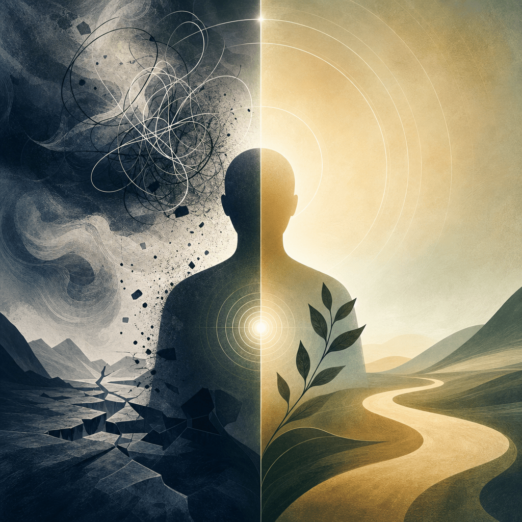 7 Powerful Steps to Achieving Emotional Self-Control: The Restorationist Origin Myth Explained 1 Abstract human silhouette split between chaotic and calm halves, symbolizing mental contrast and self-control.