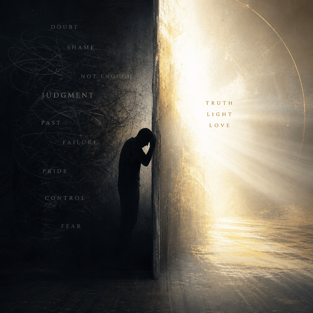 Silhouette between darkness of negative words and bright light symbolizing truth, love, and hope