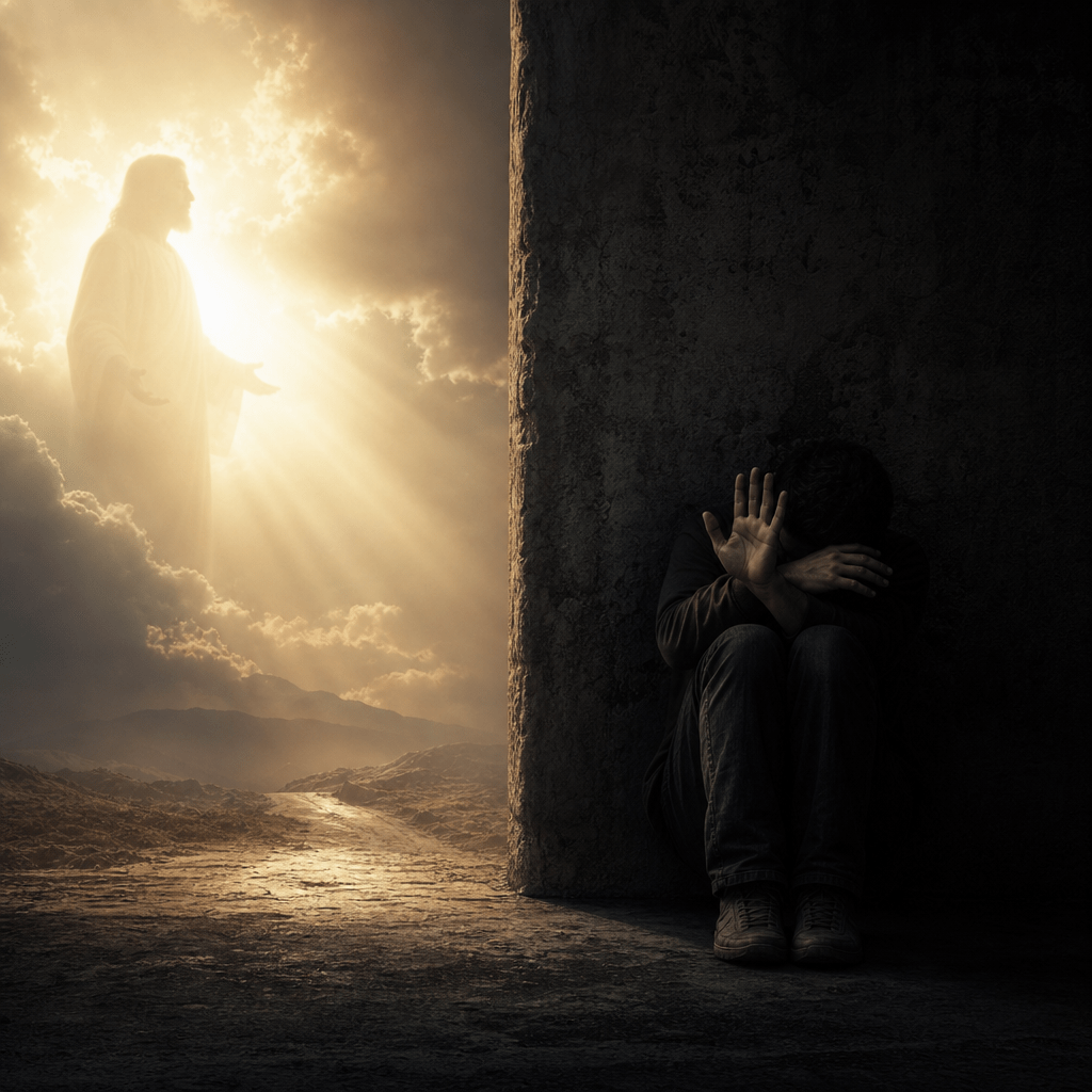 Person in distress comforted by a glowing divine figure emerging from light