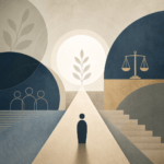 Civil Formation: Must-Have Best Calm Strength 9 Abstract figure facing paths to community, justice, and growth symbols