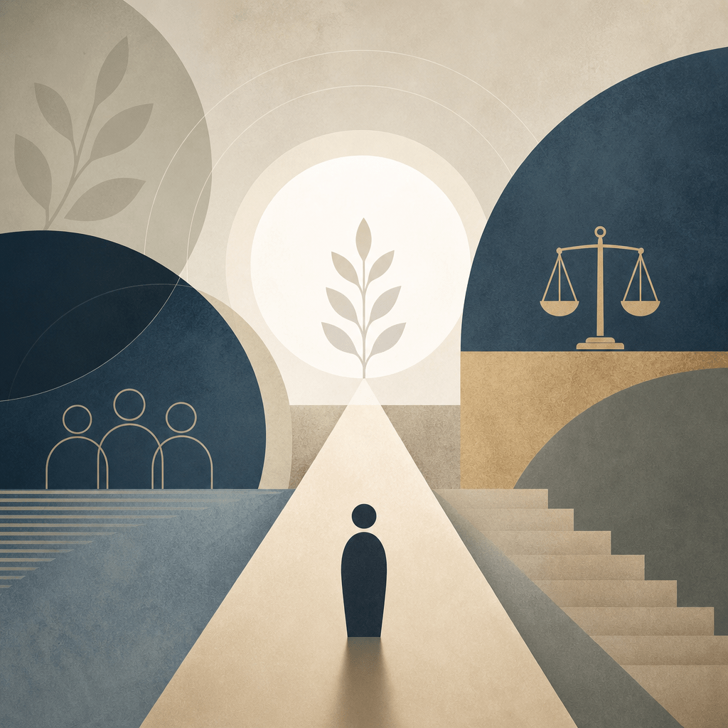Abstract figure facing paths to community, justice, and growth symbols