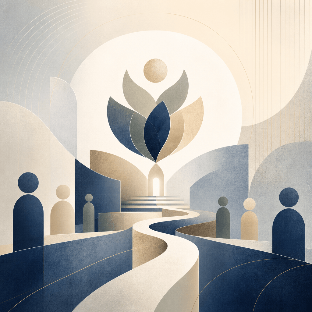 Gentle Citizen: The Calm Strength Architecture of Civic Formation 15 Abstract pathway leading to a blooming flower, surrounded by human figures in a calm minimalist scene