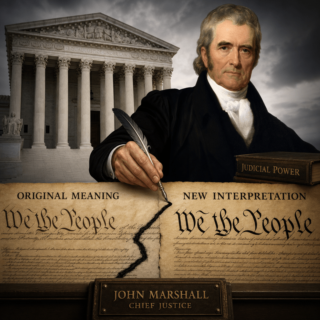 Interpretive Drift: How the Marshall Court Rewrote the Constitution 2 Chief Justice John Marshall redefining constitutional interpretation, with the Supreme Court behind him.