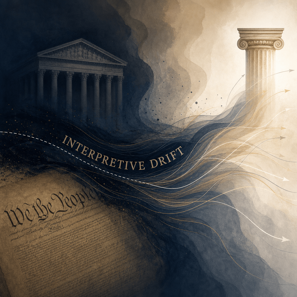 Interpretive Drift: How the Marshall Court Rewrote the Constitution 3 Abstract illustration of classical pillars and the U.S. Constitution, showing interpretive drift in constitutional law