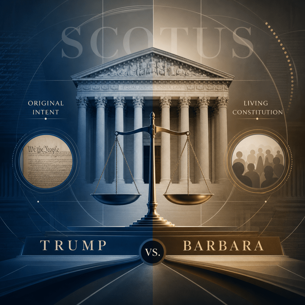 Illustration of a Supreme Court case comparing original intent and living constitution in Trump v. Barbara.