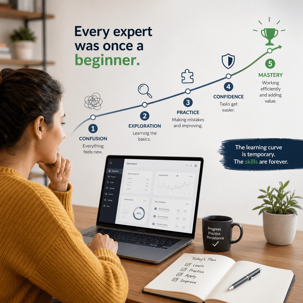 Motivational infographic showing skill development from confusion to mastery with a woman working on a laptop