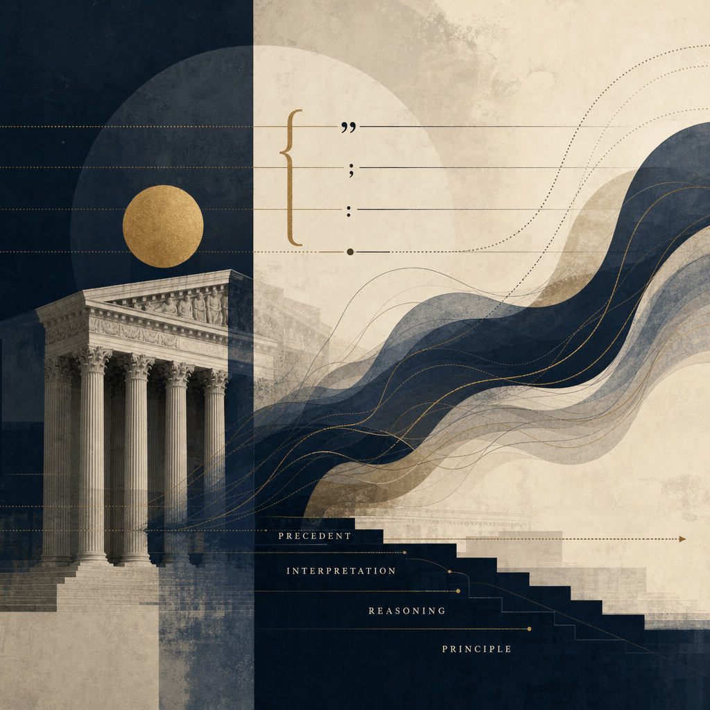 Moral Grammar and Constitutional Drift in Supreme Court Precedent 6 Abstract legal illustration with courthouse columns, punctuation marks, and flowing lines symbolizing judicial reasoning