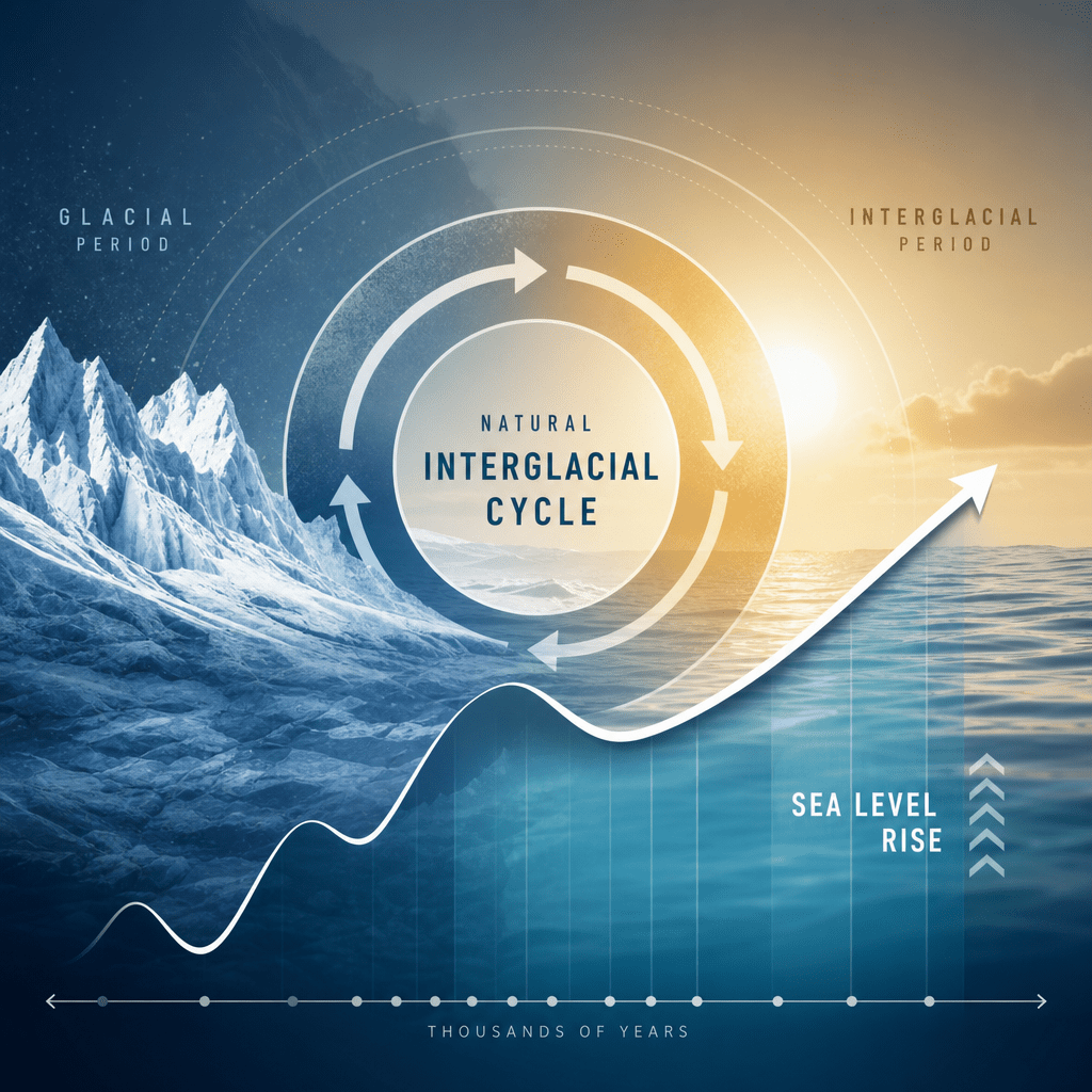 Illustration of glacial and interglacial cycles showing sea level rise over thousands of years