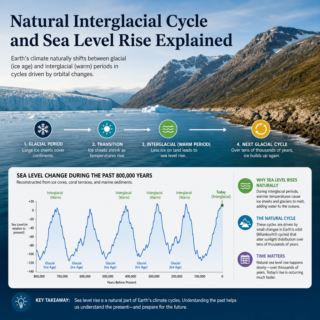 Infographic showing natural interglacial cycles and sea level rise over the past 800,000 years
