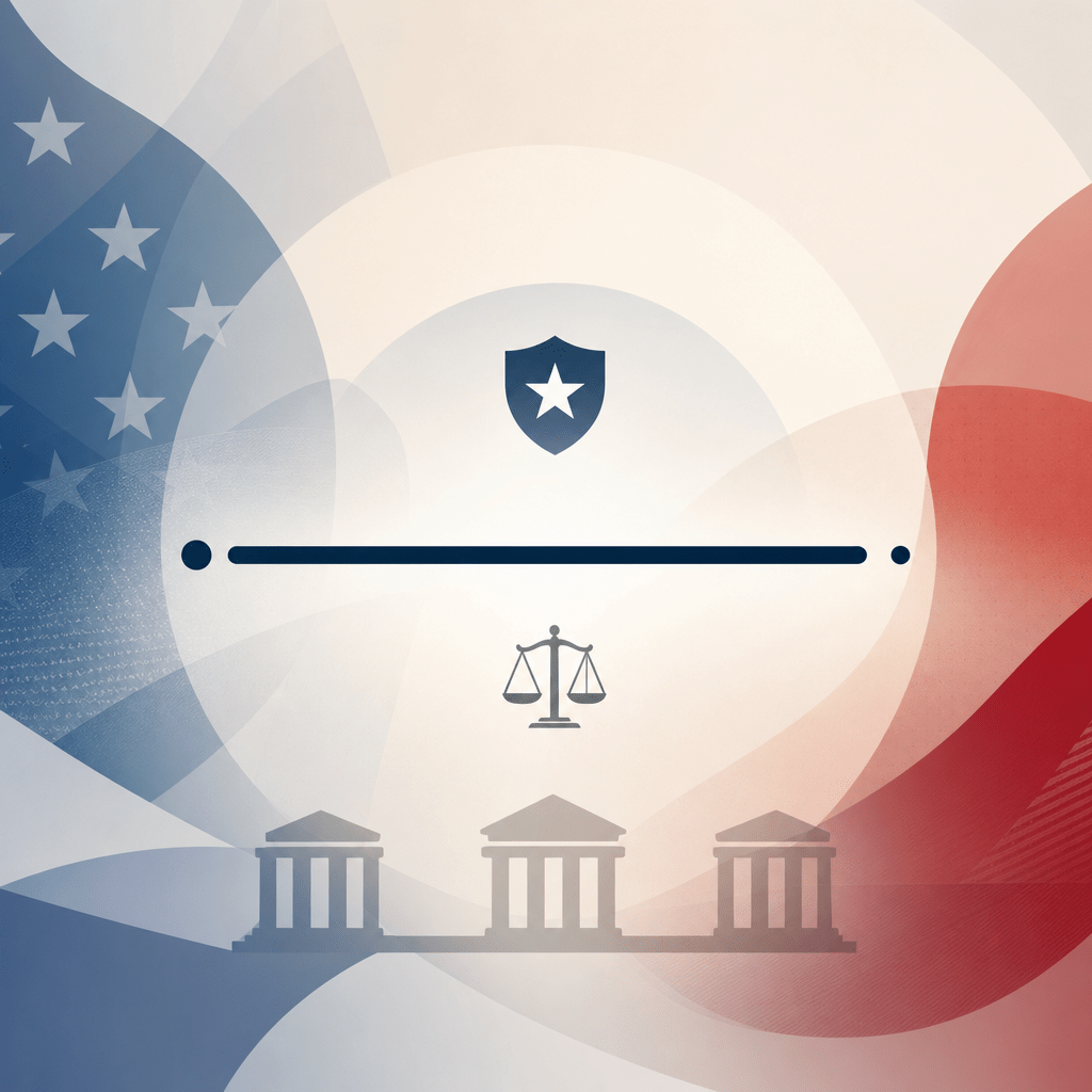 Abstract American justice system illustration in red, white, and blue patriotic colors
