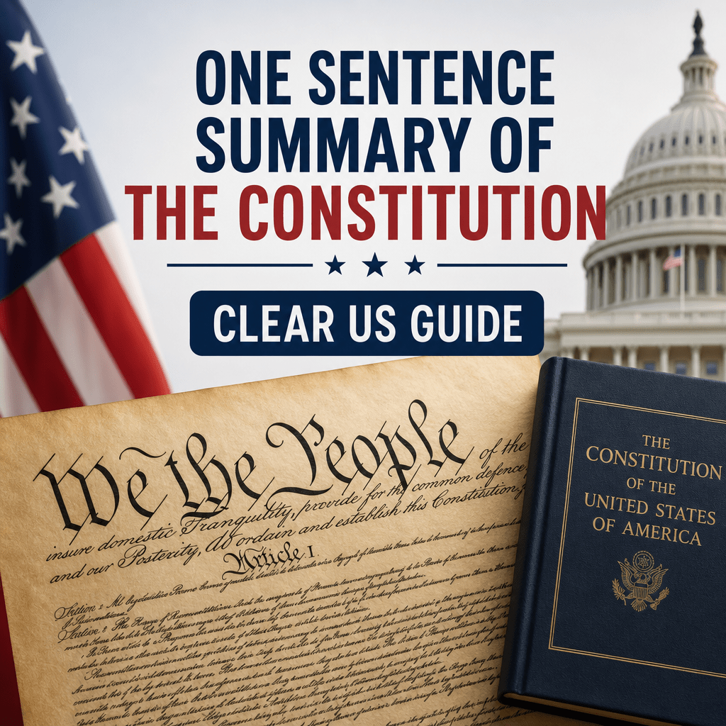 One Sentence Summary of the Constitution: Clear US Guide 2 Poster with one-sentence summary of the U.S. Constitution and a patriotic American flag background