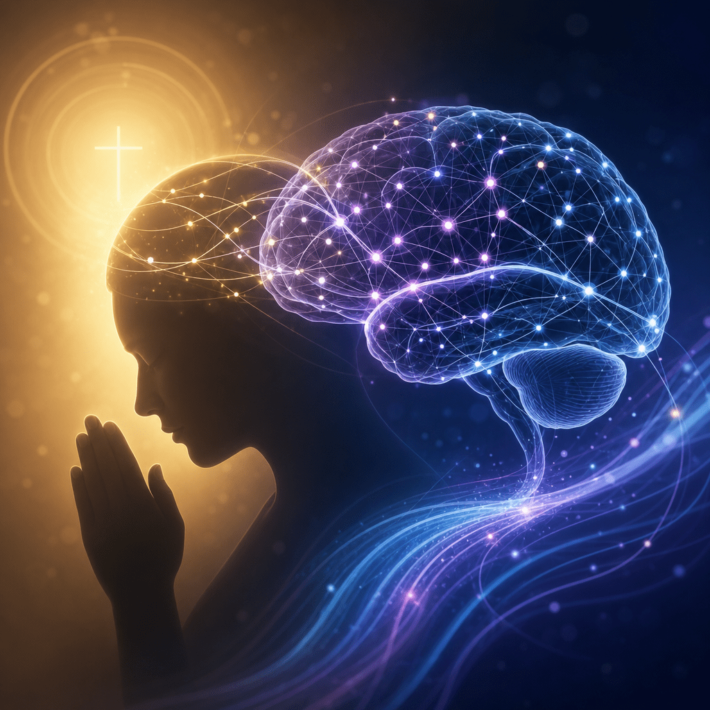 Prayer and Neuroplasticity: How Prayer Rewires the Brain 3 Person praying beside a glowing brain and cross, showing the link between faith and neuroscience