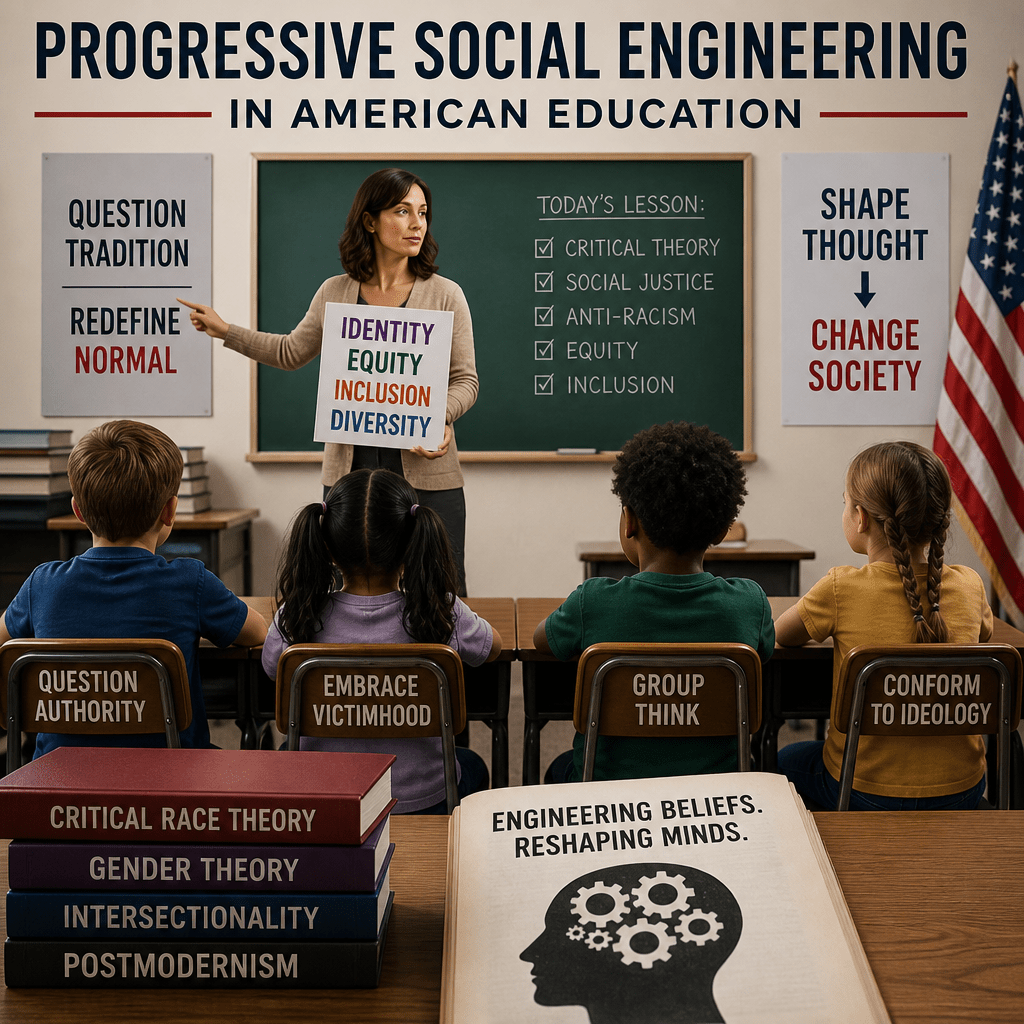 Progressive Social Engineering in American Education 2 Teacher and diverse students in a classroom illustrating progressive social engineering in American education