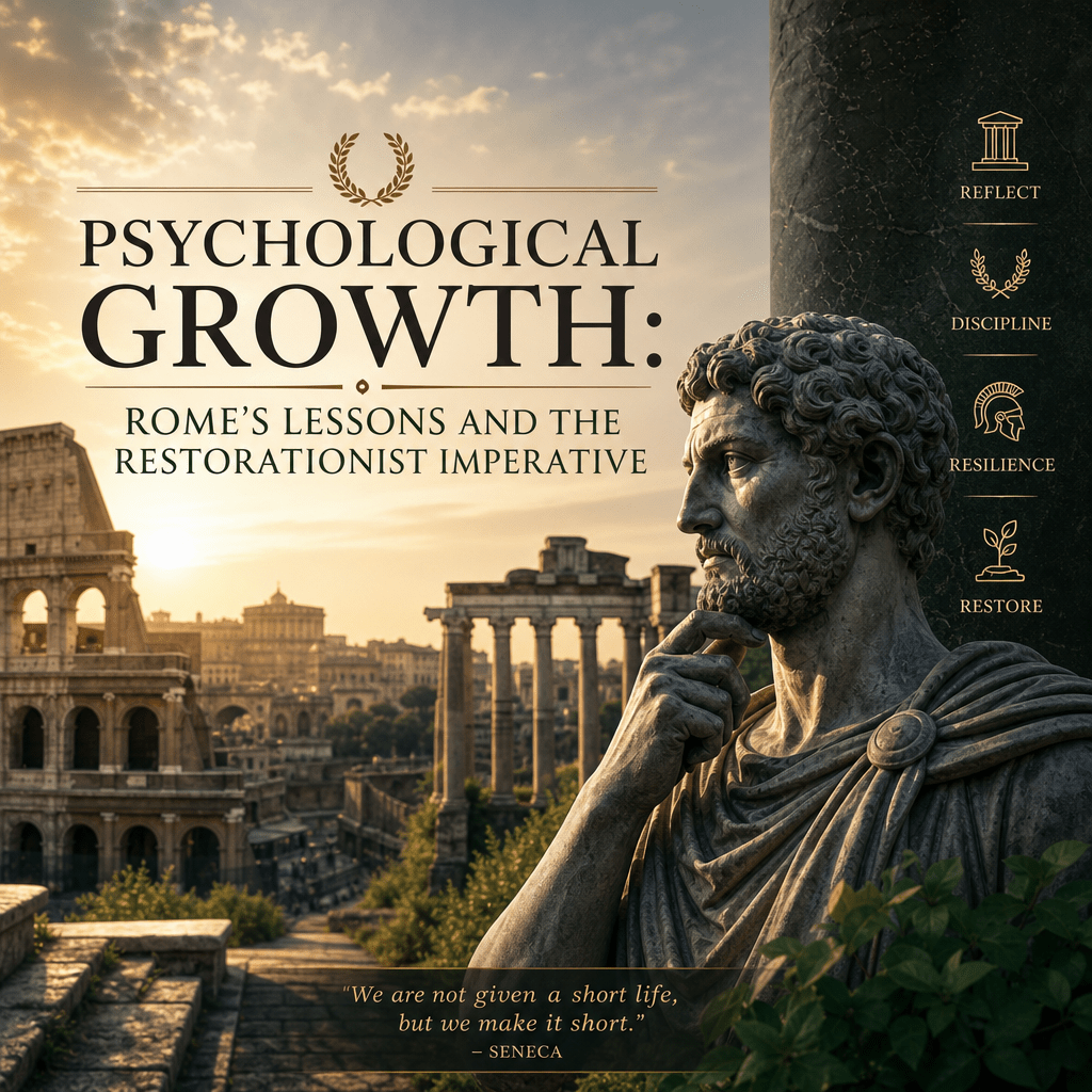 Psychological Growth: 3 Powerful and Sobering Lessons from Rome 3 Ancient Roman ruins and a statue with inspirational text about psychological growth and restoration