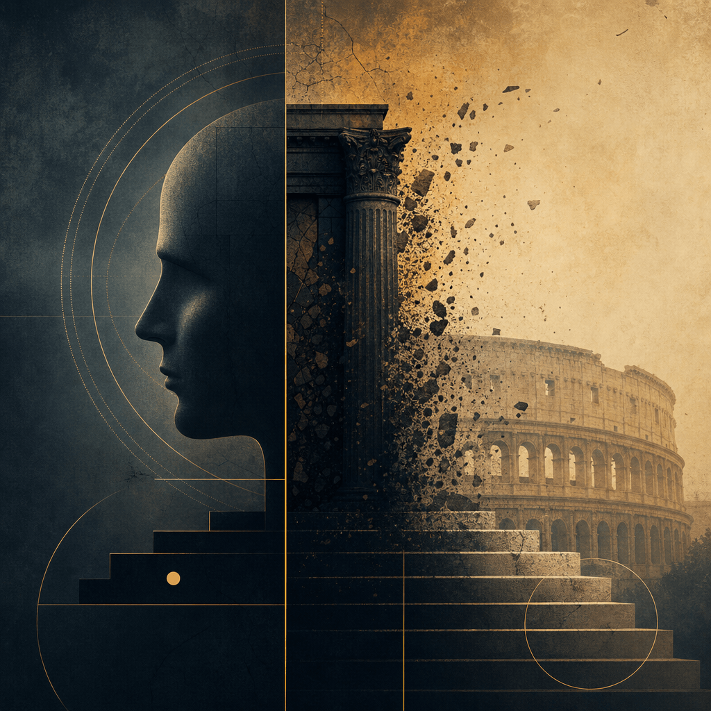 Psychological Limits and the Lessons of Rome 3 Surreal profile fused with Roman architecture and the Colosseum, symbolizing psychological limits.