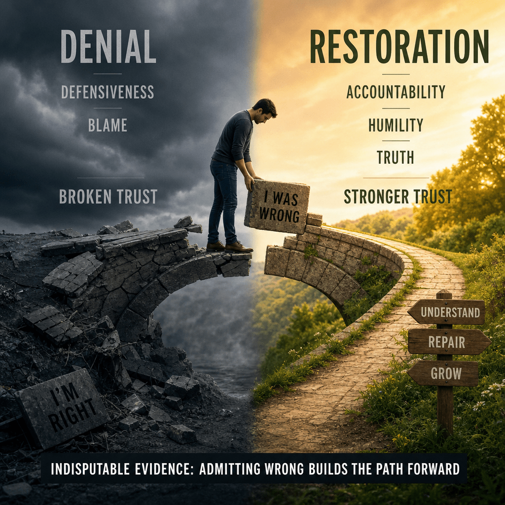 Indisputable Evidence: Why Admitting Wrong Matters 2 Illustration of a person bridging broken trust by admitting fault and promoting accountability