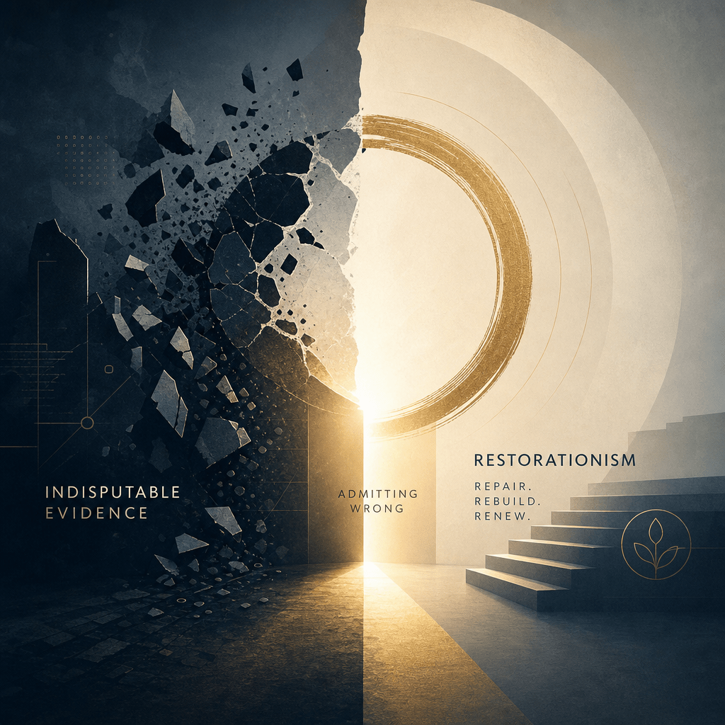 Conceptual image contrasting destruction and restoration, with themes of evidence, admitting wrong, and renewal.