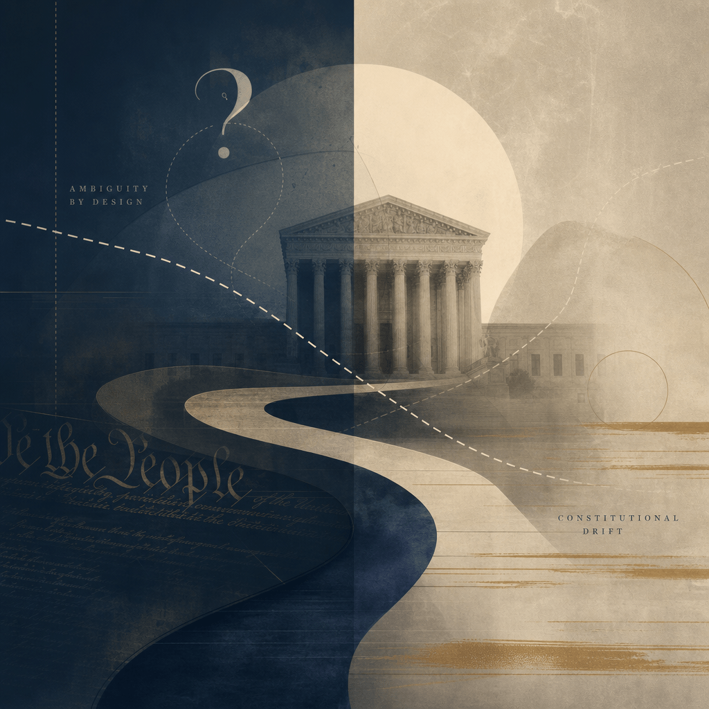 Abstract Supreme Court building with constitutional motifs and symbolic legal imagery