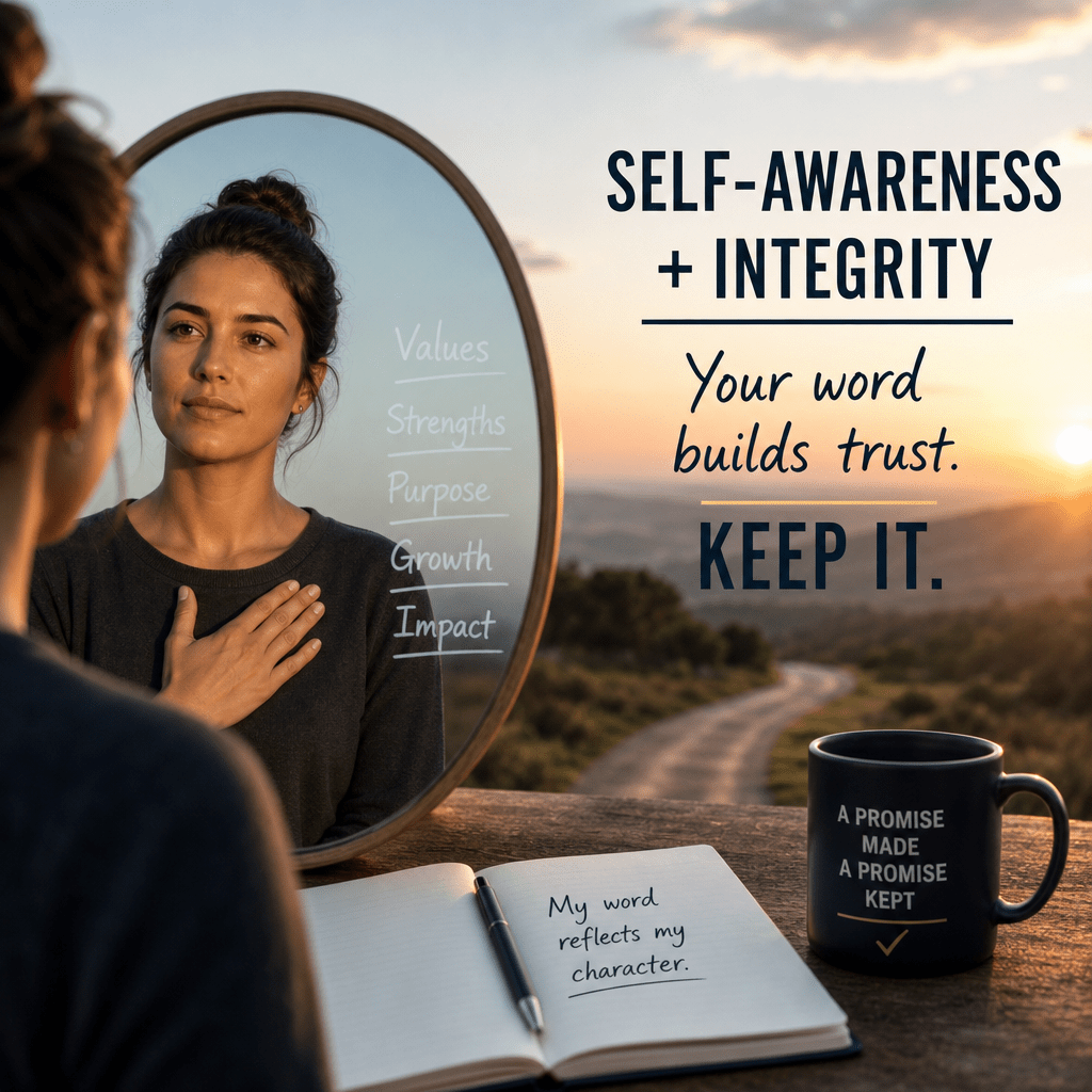 Self-Awareness and Integrity: Why Your Word Matters 2 Woman reflecting in a mirror with motivational text about trust, character, and keeping your word