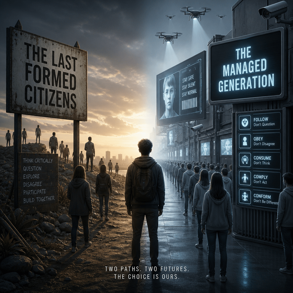 Dystopian split scene of independent citizens and a drone-surveilled, controlled generation
