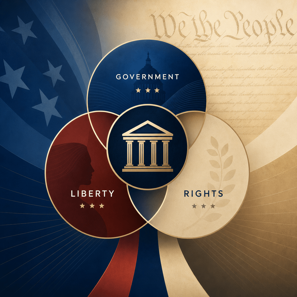 Venn diagram showing government, liberty, and rights in an American patriotic background