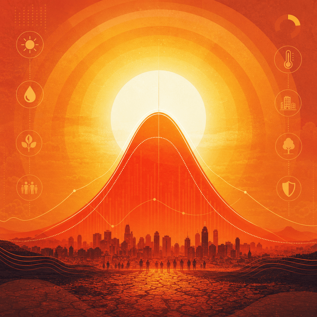 Illustration of a city heatwave with rising temperature graph and climate icons