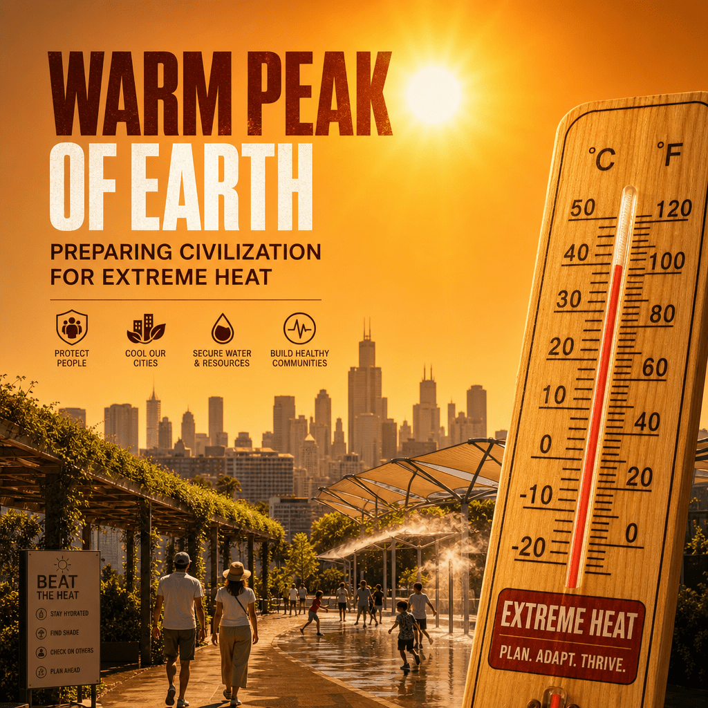 Infographic of a cityscape and thermometer showing civilization preparing for extreme heat at Earth's warm peak