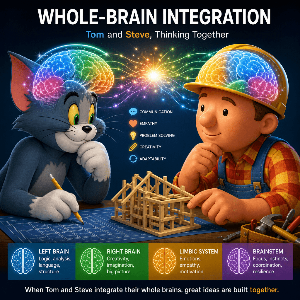 Whole-Brain Integration In 2 Interesting Paths 2 Illustration of Tom and Steve collaborating with colorful brain hemisphere highlights and key cognitive functions
