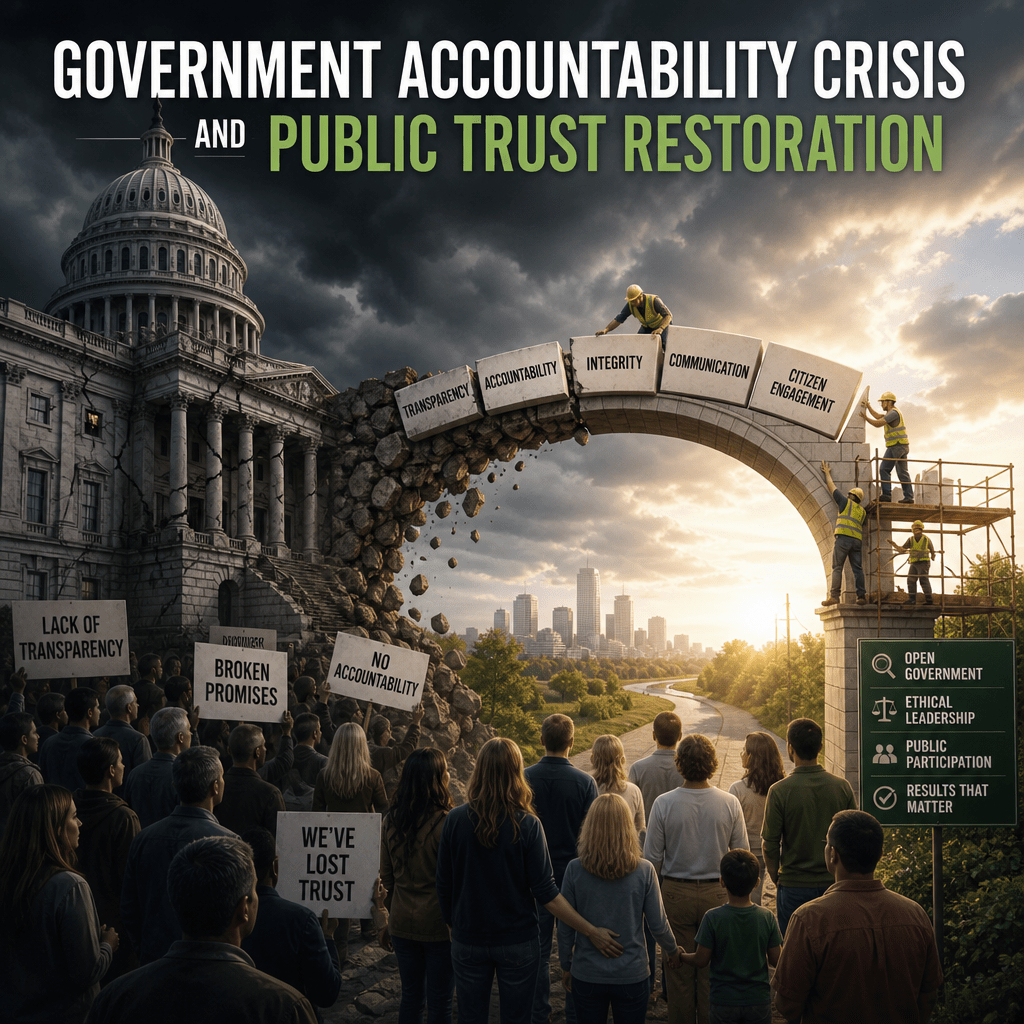 Illustration of an arched structure symbolizing government accountability and rebuilding public trust over a crowd