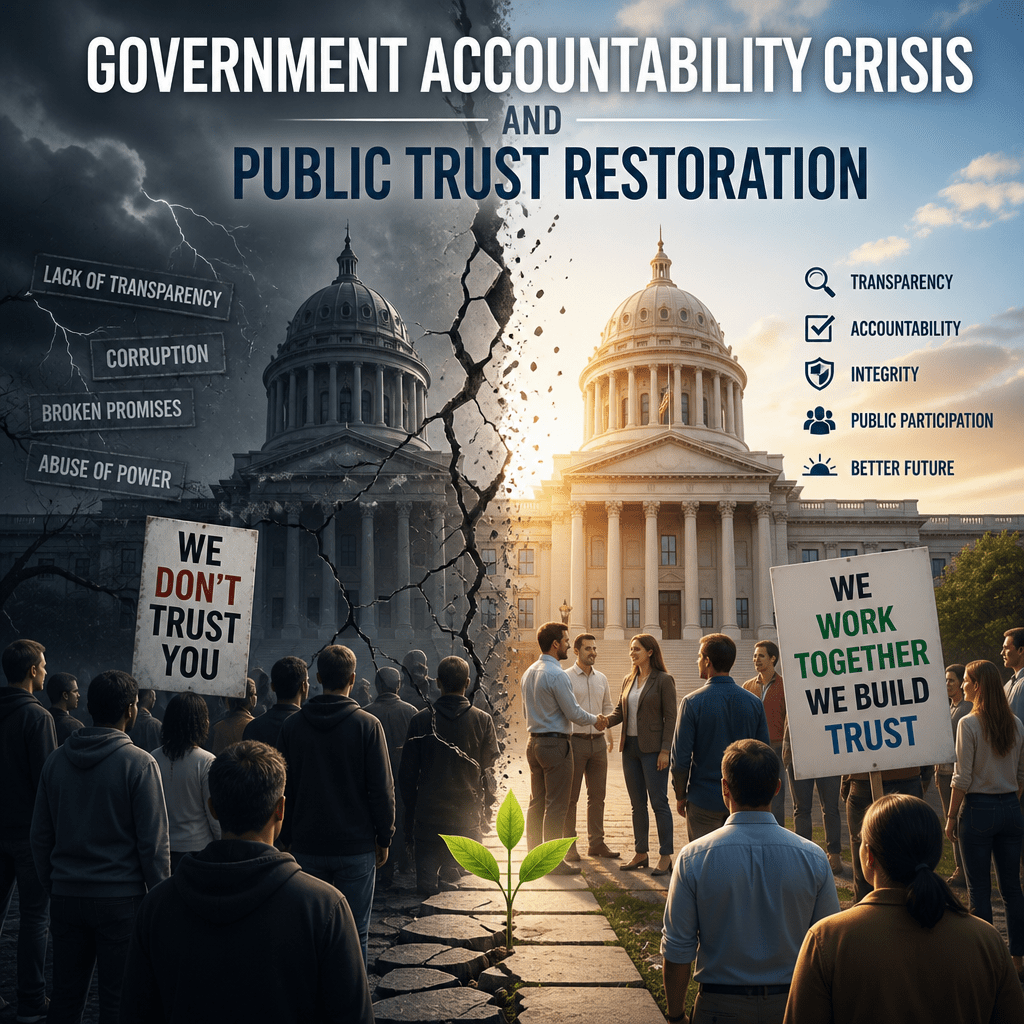 Illustration of government accountability crisis contrasted with public trust restoration through collaboration for a better