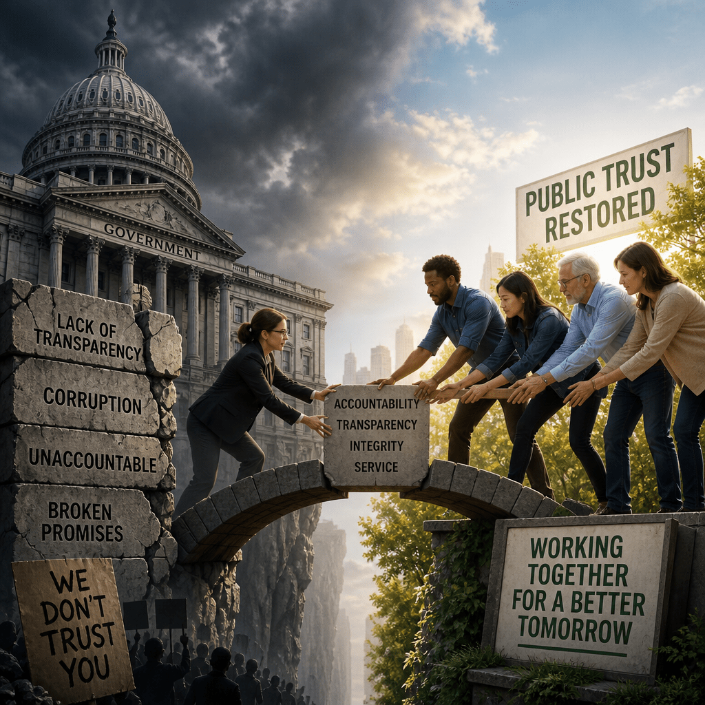People bridging a gap between government distrust and restored public trust through accountability and transparency