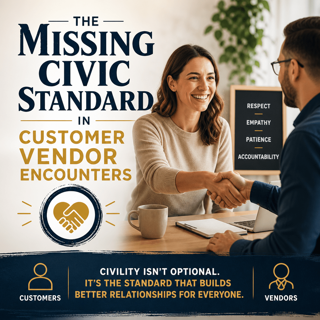 Customer Vendor Relationship Civility: The Missing Standard 1 Smiling customer and vendor shaking hands in a friendly business interaction.
