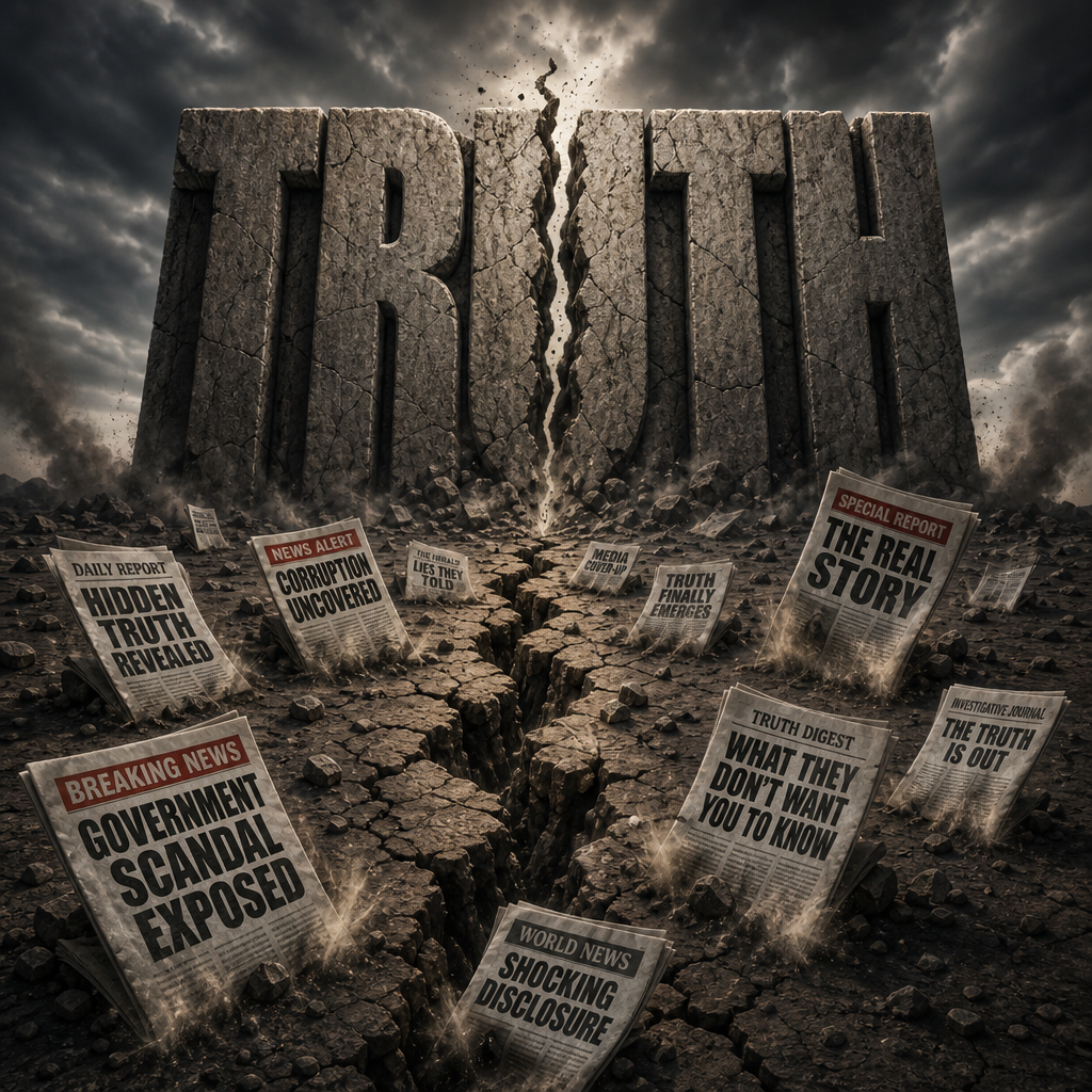 An image of monilithic stone cracked vertically and the resulting crack spreading through the street as if an earthquake had happened. Lying in the street are news papers with mythic headlines. It represents media bias.

