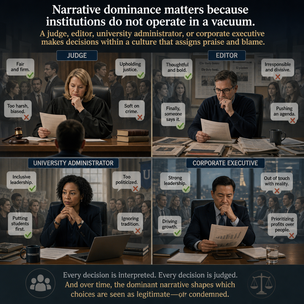 Illustration depicting a judge, editor, university administrator and corporate executive all making decisions subject to the scorn or praise of narrative framers on both sides.
